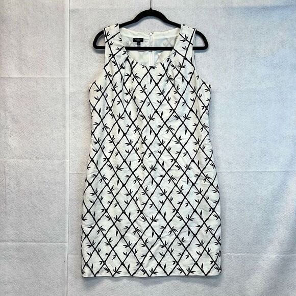 TALBOTS Dress Womens Size 14P White Black Linen Blend Embroidered Bamboo Sheath - Picture 2 of 11